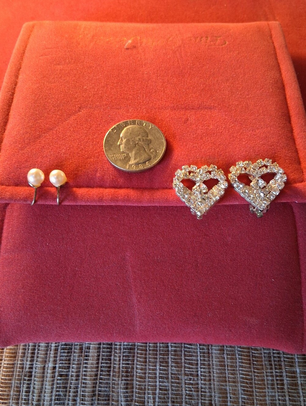 Bundle of 2 Vintage Style Clip-On Earrings Multi Crystal Heart & Single Pearl